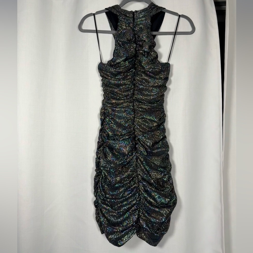 Zara Black Rainbow Metallic Cross Neck Halter Ruched Mini Dress XS - Picture 8 of 16